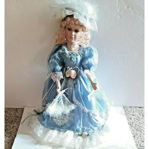 20" Porcelain Doll Blonde Hair Blue Victorian Dress Lace Roses Pearls